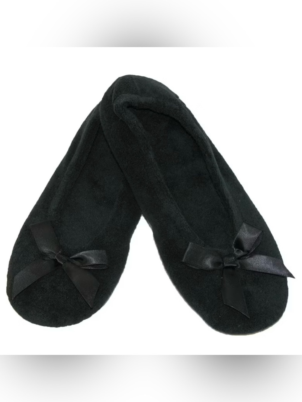 isotoner Black Plush Ballet Slippers with Satin Bows Size 8/9